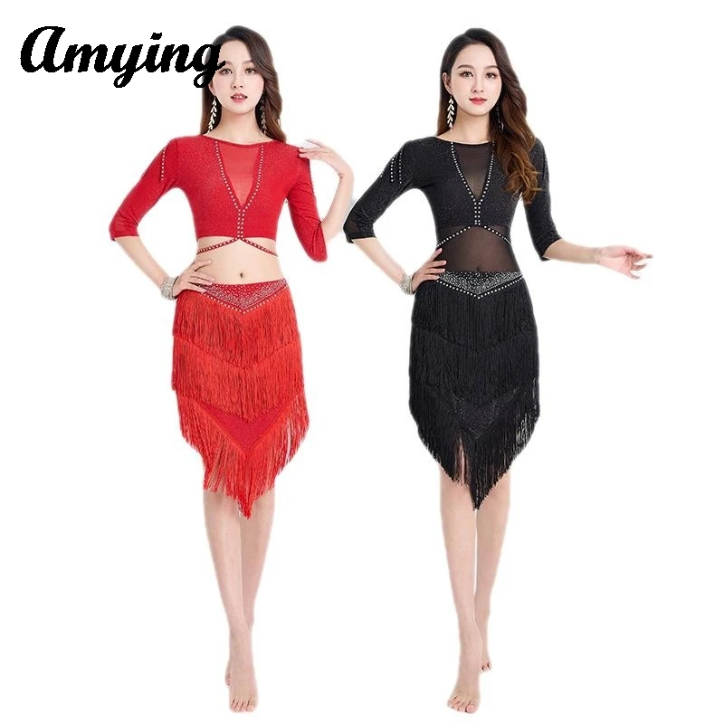 

Women Oriental Dance Stage Performance Suit Sexy Hot Diamond Tops With Tassel Skirt New Dance Practice Training Clothing Suit