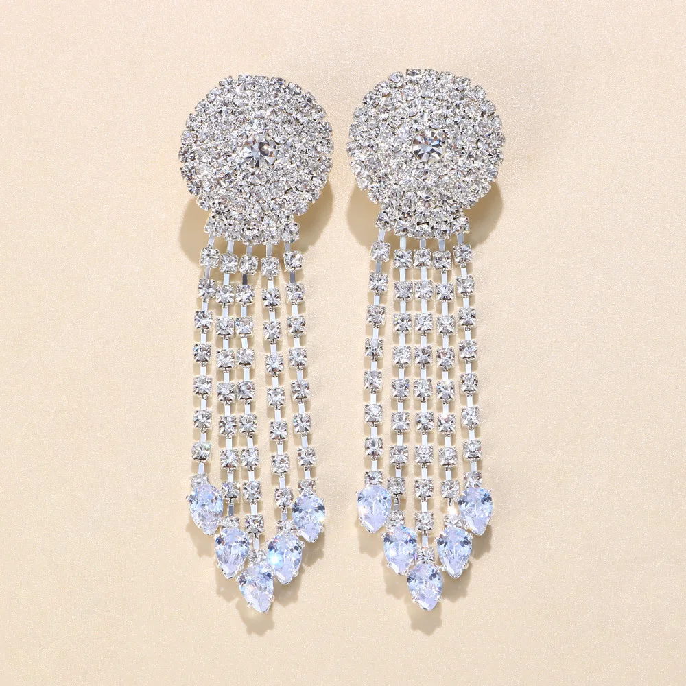 cross-border jewelry, round rhinestone long fringed earrings, temperament super flash diamond earrings