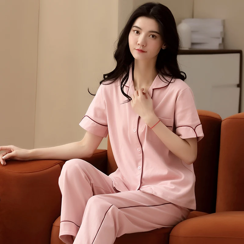 Summer casual full pure cotton women pajama sets cute pink short sleeve tops + long pants 2 pieces sleepwear women pyjama femme