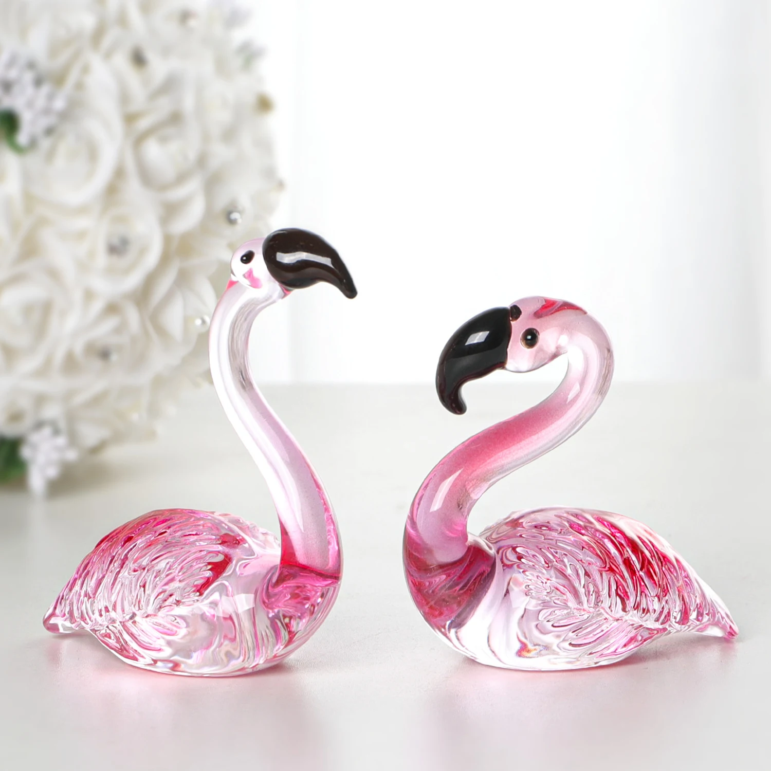 Art Glass Flamingo Figurines 2 Pcs/Pair Hand Blown Glass Flamingo Animal Sculpture Collectible Figurines Home and Wedding Decor