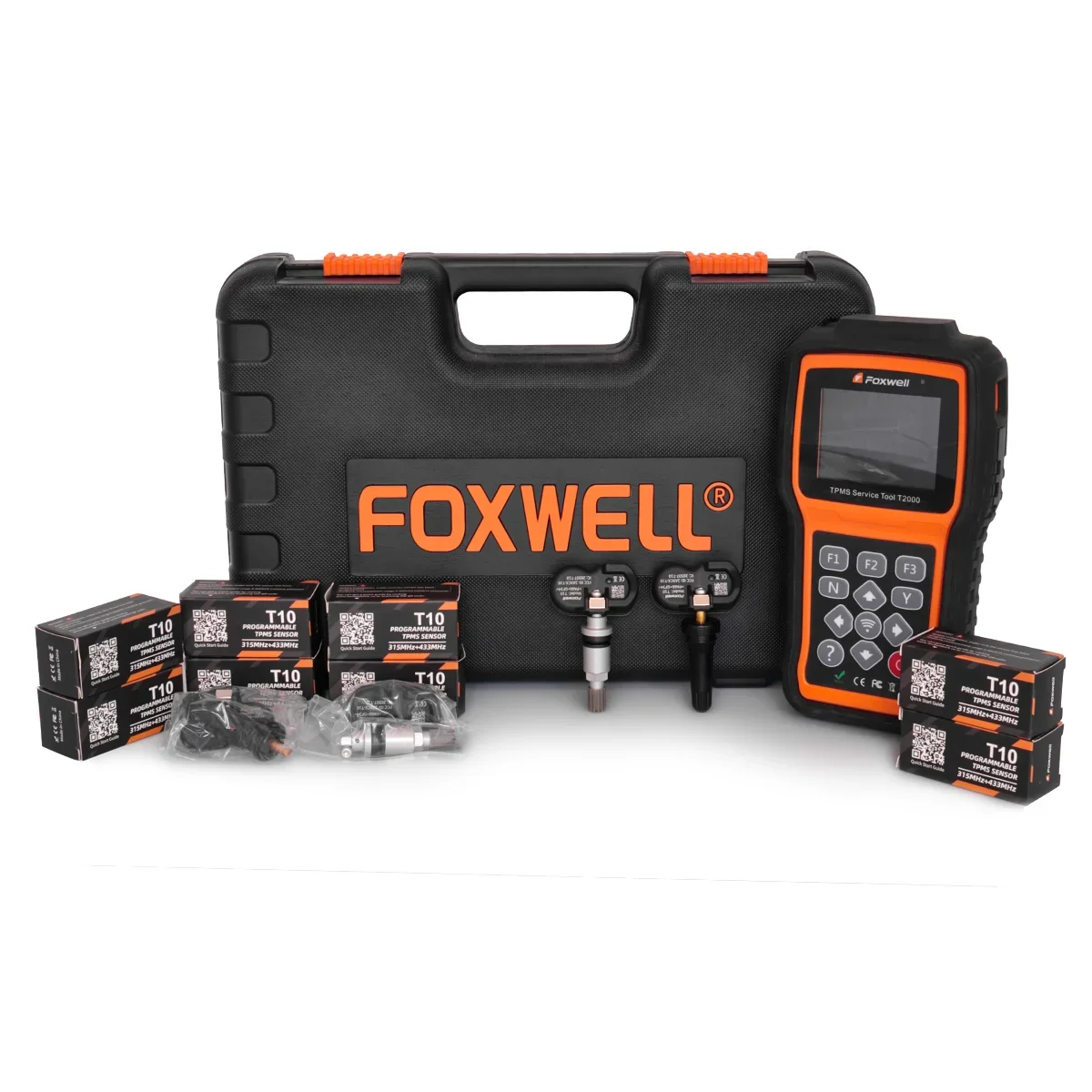 Original FOXWELL TPMS Trigger Tool T2000 with OBD Connector and 8pcs Dual Frequency 315Mhz 433Mhz Tire Sensors