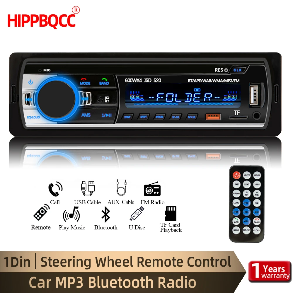 HIPPBQCC Radio samochodowe 1din Odtwarzacz MP3 Cyfrowy odtwarzacz stereo Bluetooth Radio FM Stereo Audio Muzyka USB/SD z wejściem AUX w desce rozdzielczej