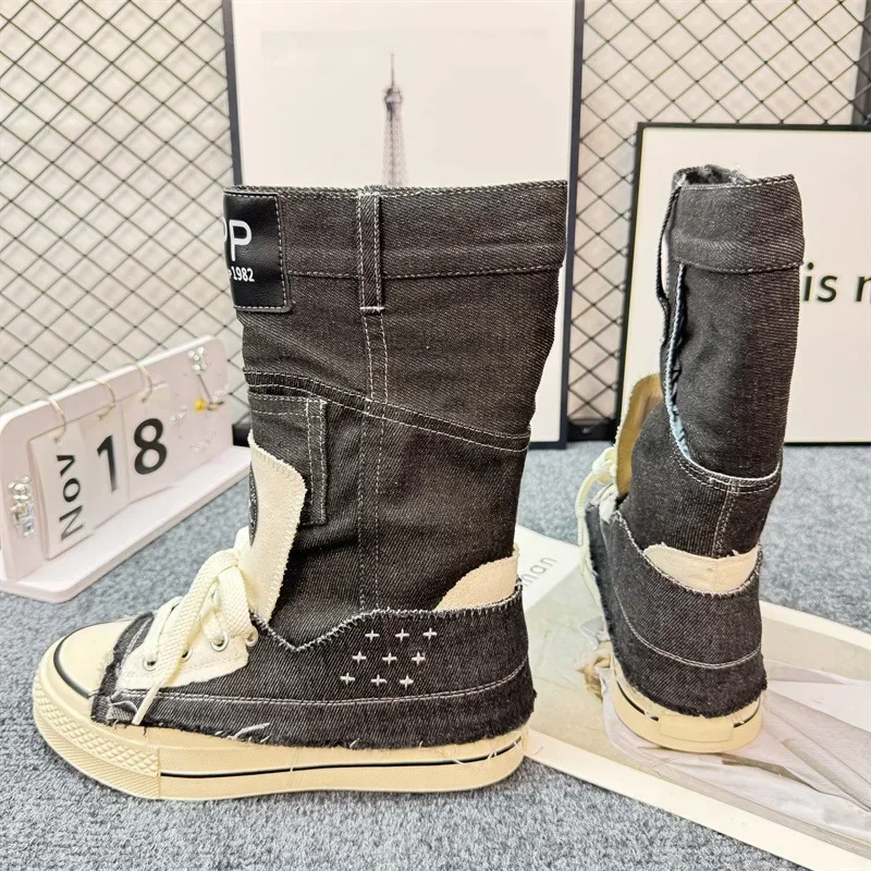 2026 New Women Shoes Street Style Canvas Mid Calf Boots for Woman Trend Flat Bottom Casual Sneakers Designer Shoes Zapatos Mujer