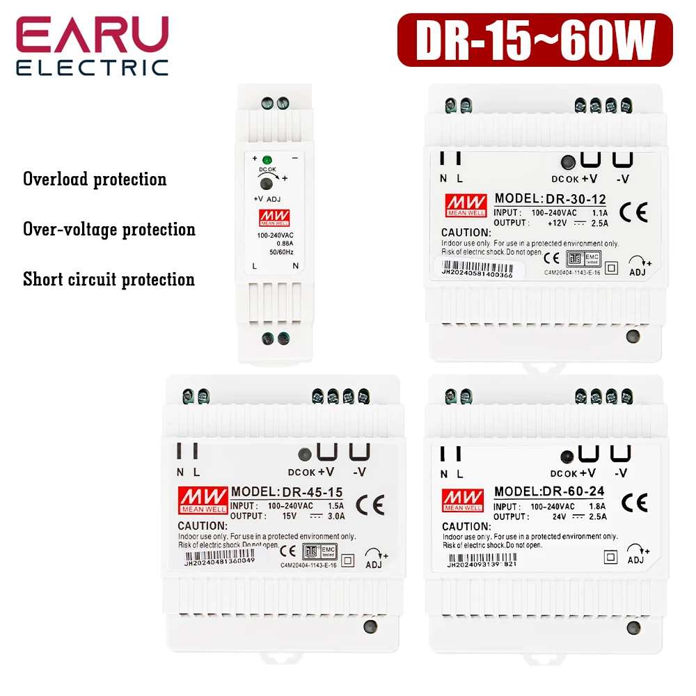 15W 30W 45W 60W Single Output 5V 12V 15V 24V Industrial Din Rail Power Supply Switch DR-15 DR-30 DR-45 DR-60