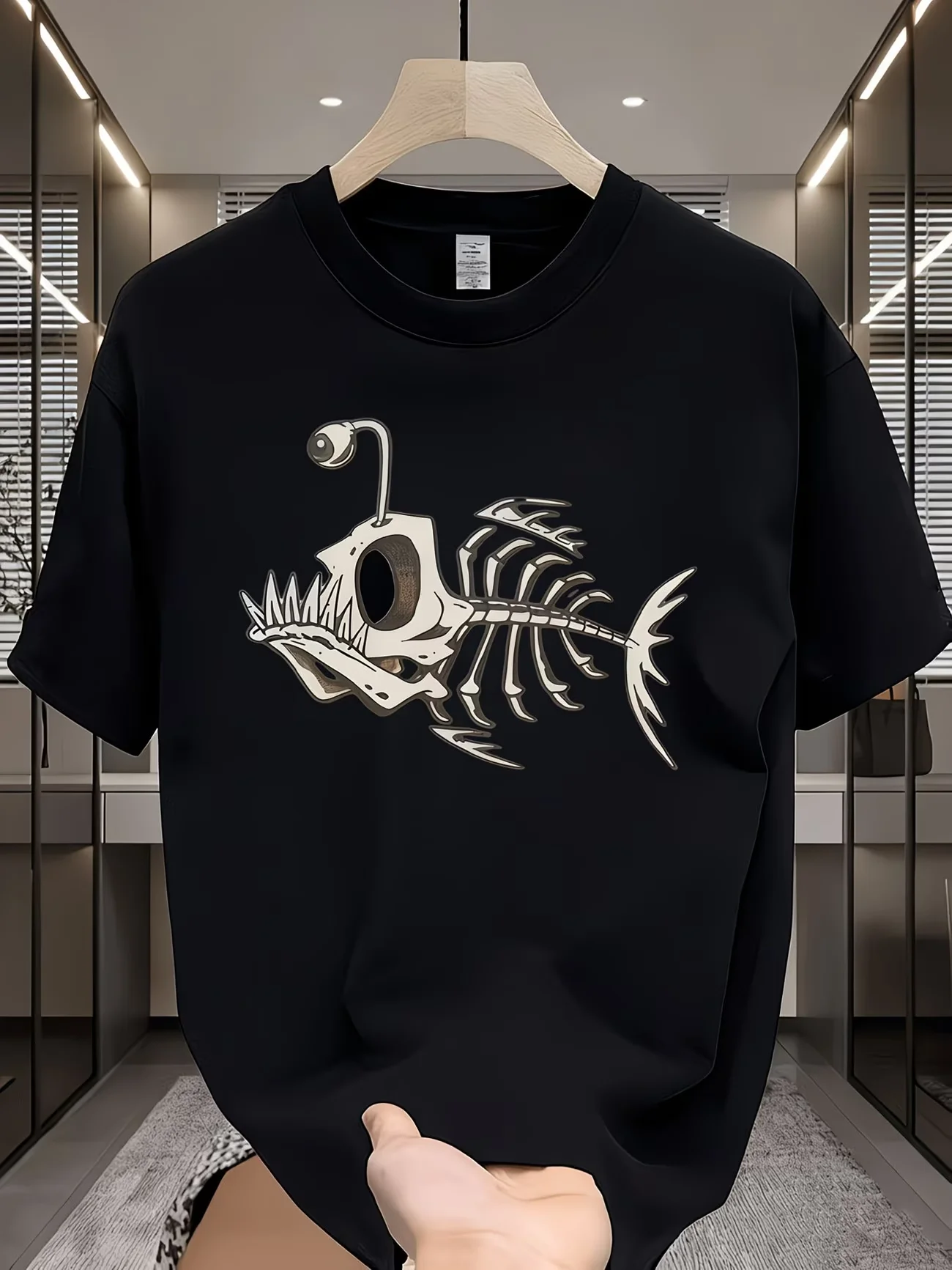 Funny Fisherman Gift Tee Cool Anglerfish Bone Graphic T-shirt Deep Sea Fishing Hobby Top Unique Fish Skeleton Art Print Shirt