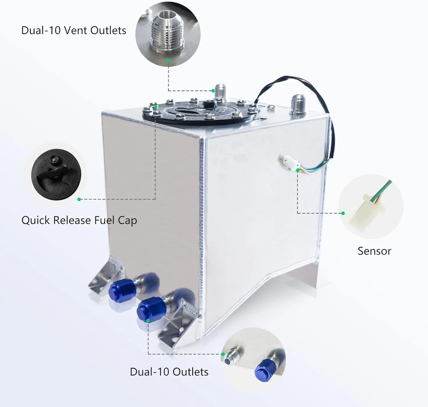 Universal Aluminum 2.5/5/10/15/20 Gallon 10/20/40/60/80L Fuel Surge Cell Tank With Cap and Sensor Foam Inside Silver