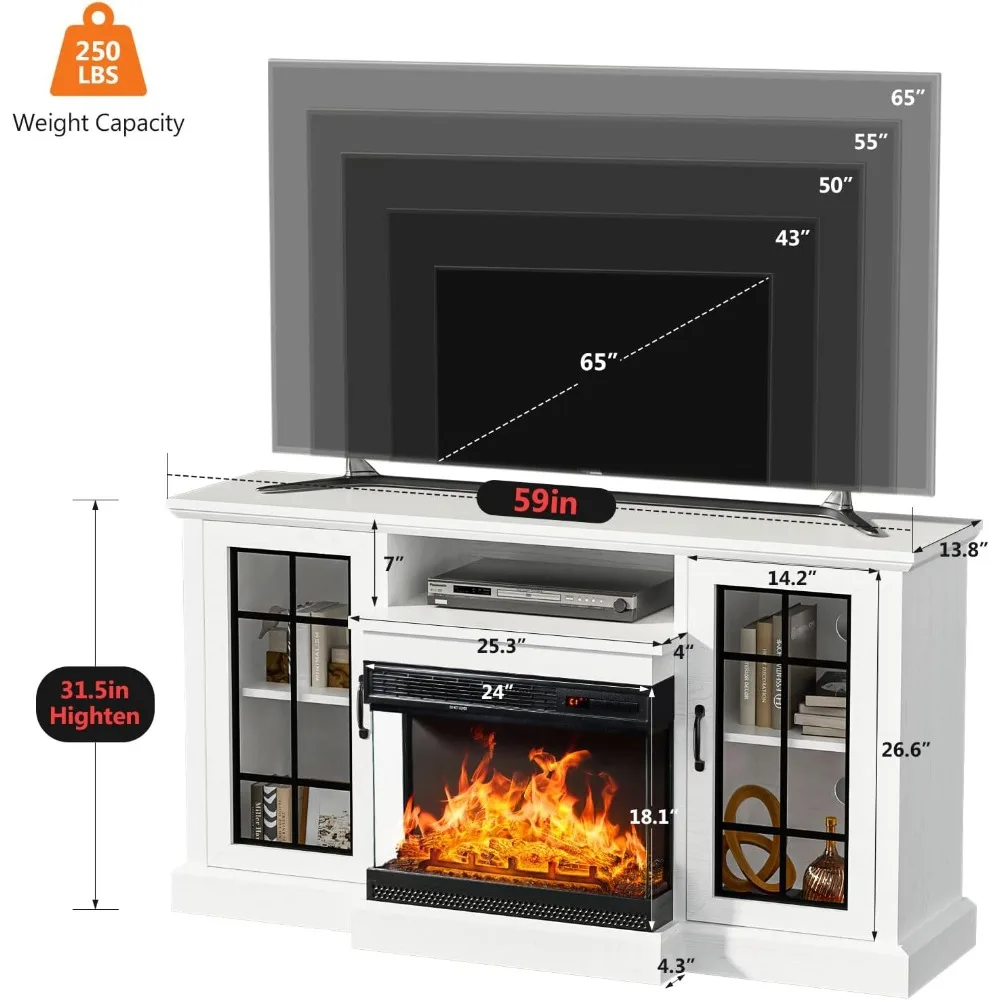 59'' Fireplace TV Stand 3 Sided Glass Fireplace   Glass Door Adjustable Flame LED Color