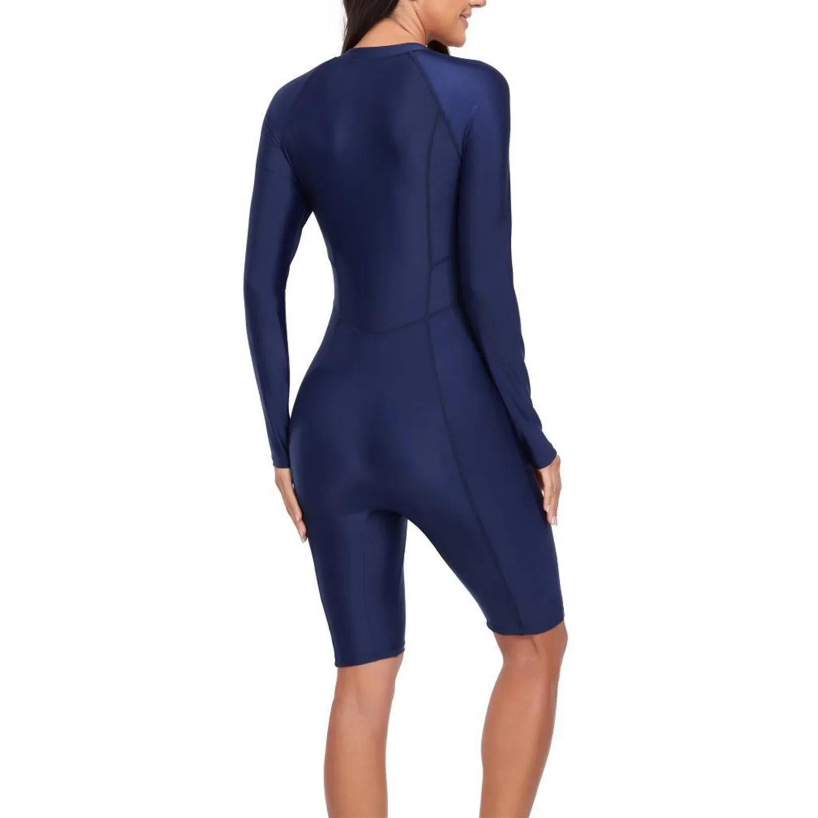 Women's Summer Fashionable Sports Solid Color Zippered Round Neck Long Sleeved Surfing Suit Women Swimwear One Piece Swimsuit
