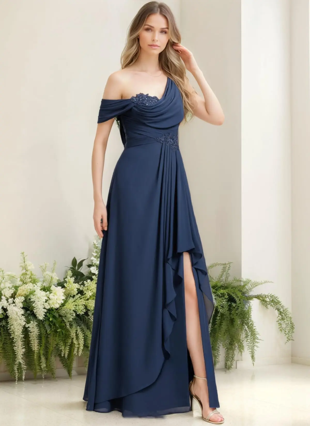 

Customized Women Chiffon Wedding Guest With Side Slit Elegant Sequins Mother Of The Bride Dress Lace Applique Prom Evening Dress