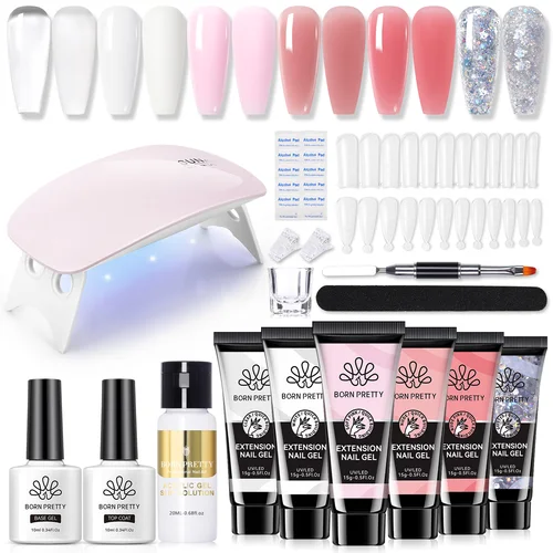 Imagen 1 del producto BORN PRETTY Kit de gel de extensión de uñas Kit de gel rosa de gelatina transparente desnuda con lámpara de uñas Manicura francesa para principiantes DIY en casa