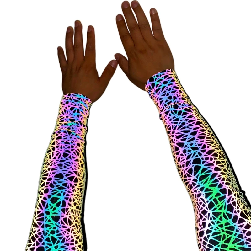 Unisex Rainbow Colorful Reflective Arm Sleeves Glowing Compression Fingerless Gloves Sports Elbow Drop shipping