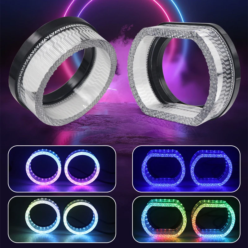 3 Inch 5D RGB LED Angel Eyes Halo Rings Rectangular DRL Covers With Turn Signal Light App Control Halo Covers For Car Headlight