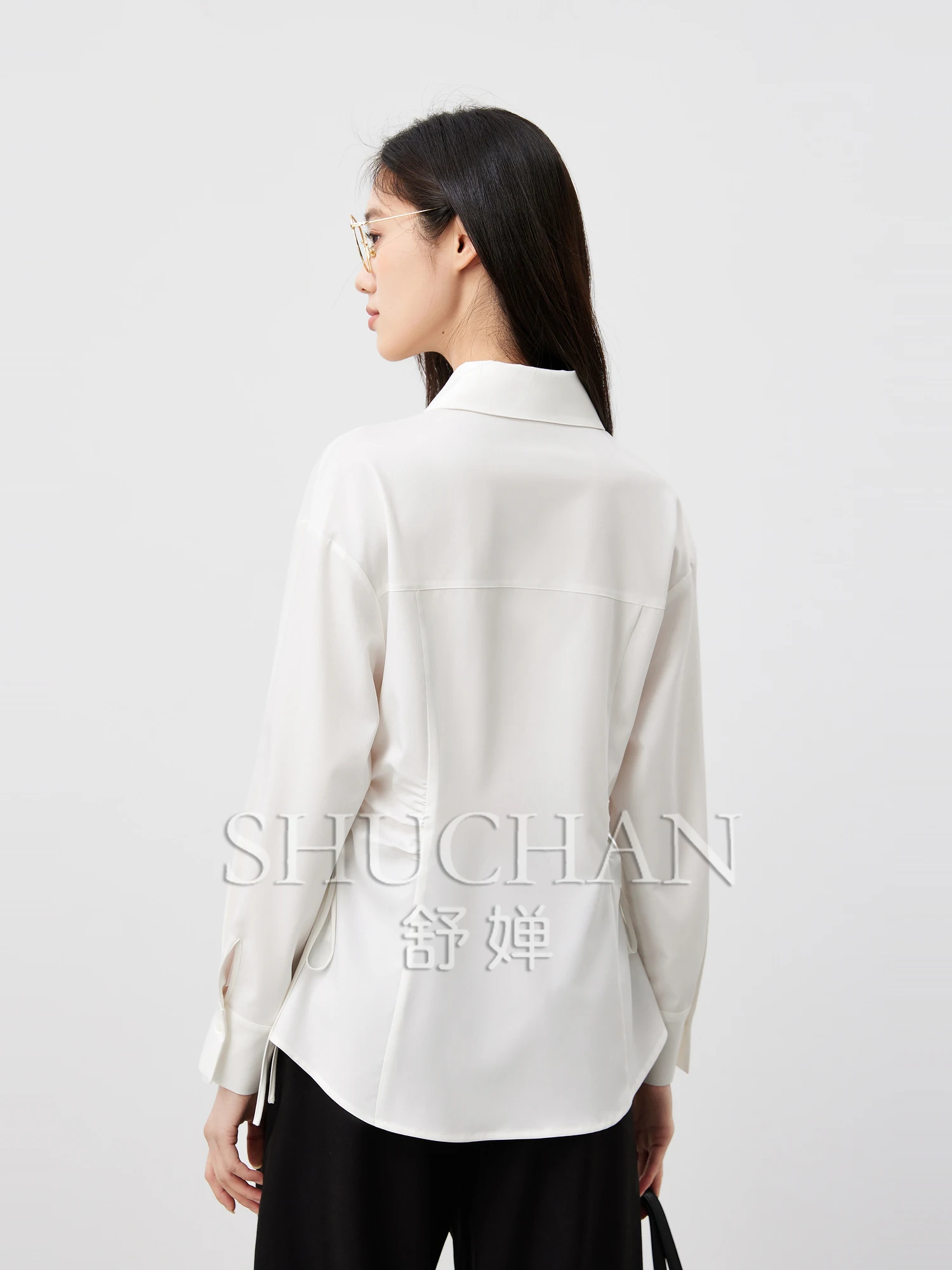 good quality 25 autumn, temperament attendance, side drawstring waist design, bamboo fiber versatile lapel shirt women