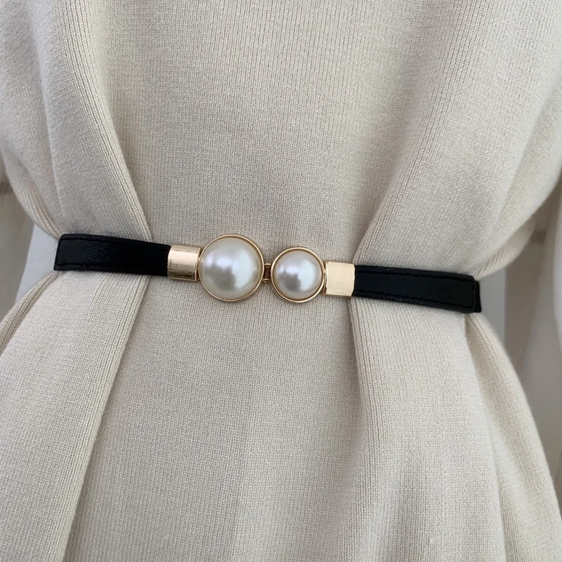 

Korean Women's Thin Elastic Belt Decorative Dress Double Pearl Buckle Belt Waistband GM113 luxe femme belt women luxury 가죽 벨트 여성