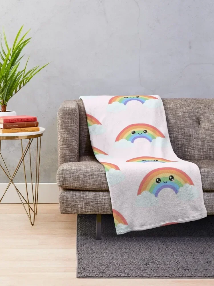 Rainbow Pastel Happy Blushing Smiling Clouds Throw Blanket Beautifuls decorative Blankets