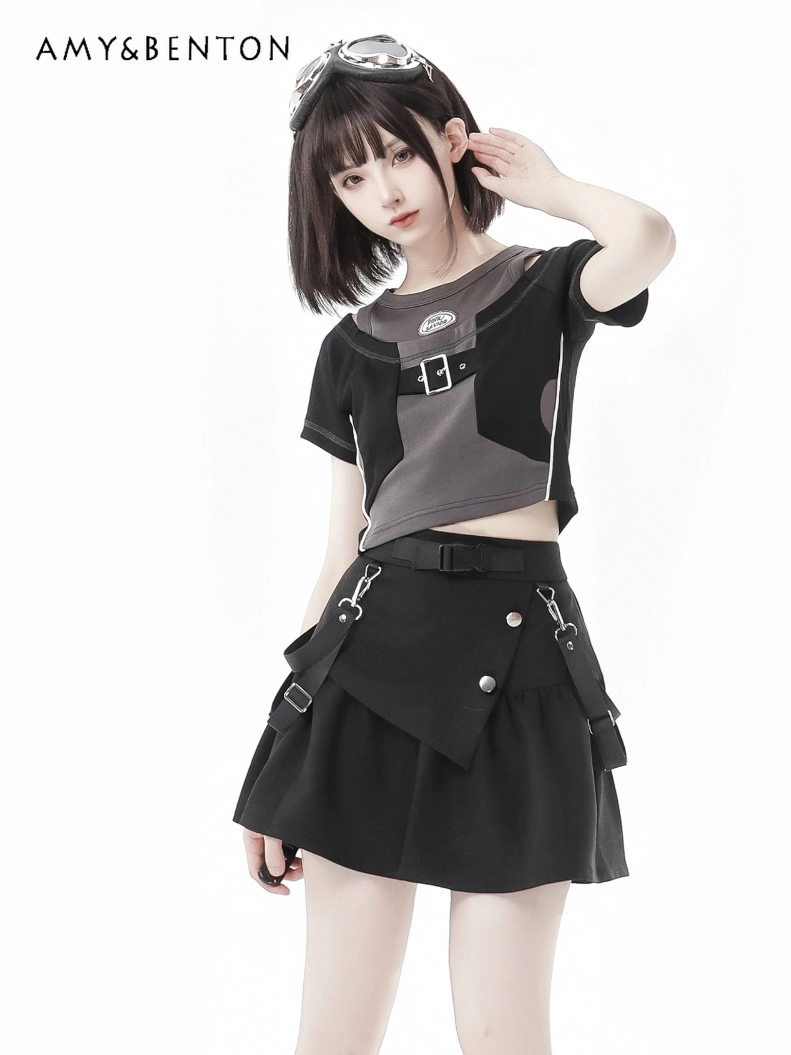 Harajuku Y2K Color Matching Lace-up Short-Sleeved T-shirt Slim Mini Skirt Two-Piece Sets Women Preppy Style Gothic Skirt Sets