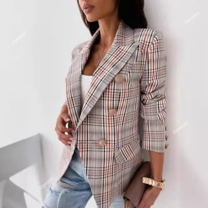 

2024 Summer New Long Sleeve Double Breasted Plaid Printed Suit Jacket