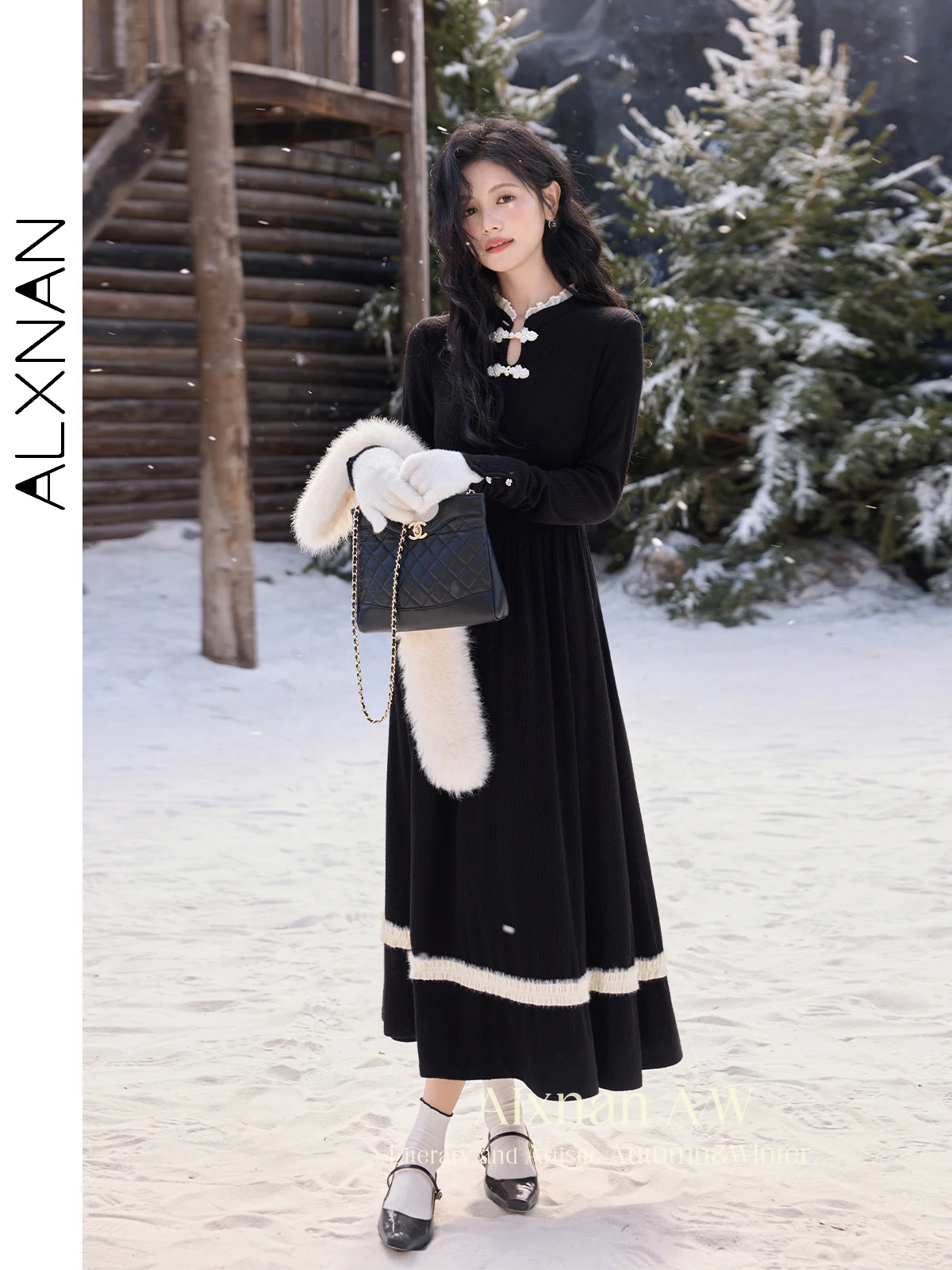 ALXNAN Women Midi Dresses Patchwork O-neck Long Sleeve A-line Elastic Waist Dress 20204 Winter Warm Slimming Clothing QJD00107