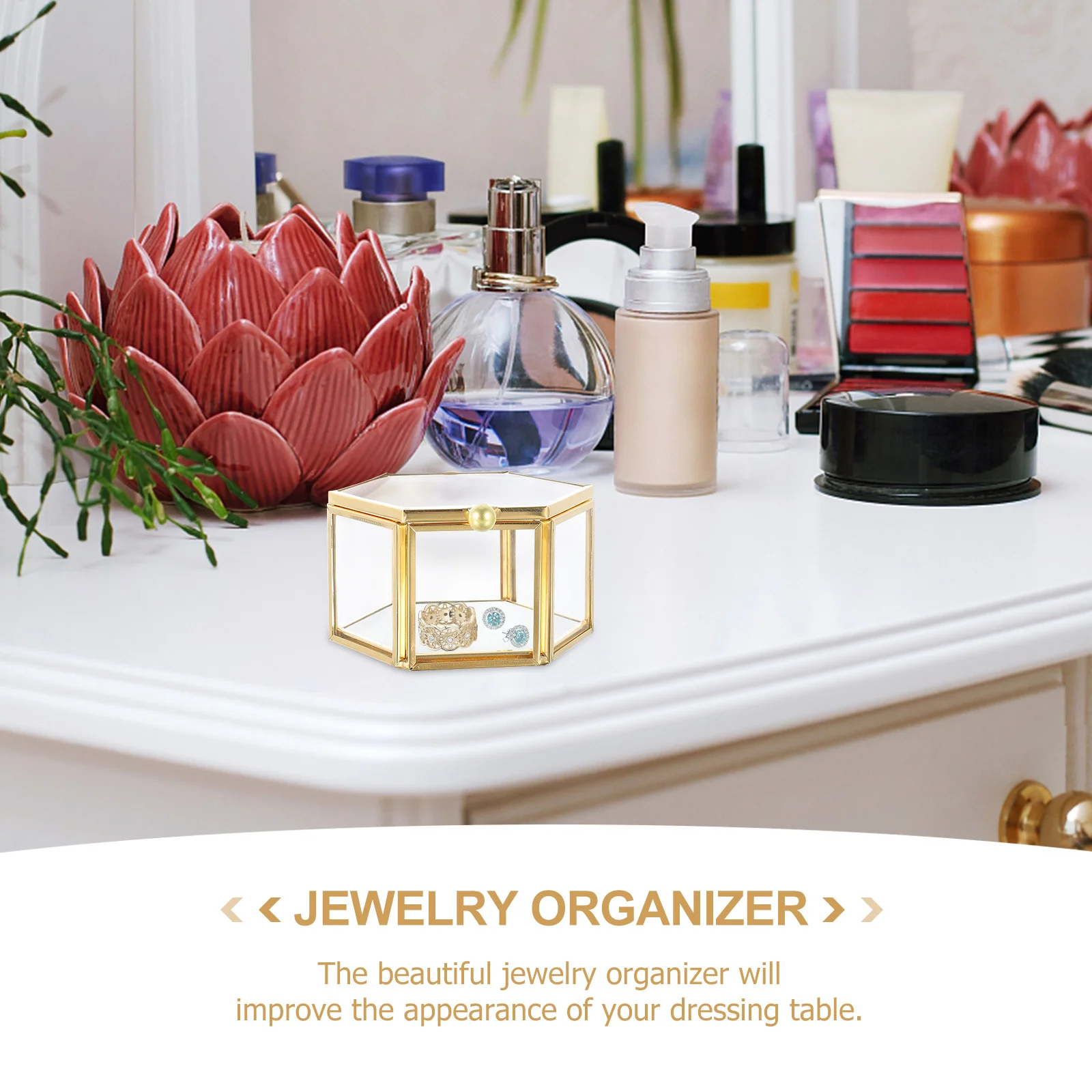 

1Pcs Hexagon Alloy Frame Transparent Jewelry Organizer Box Simple Design Small Storage Case for Necklaces Earrings Bracelets