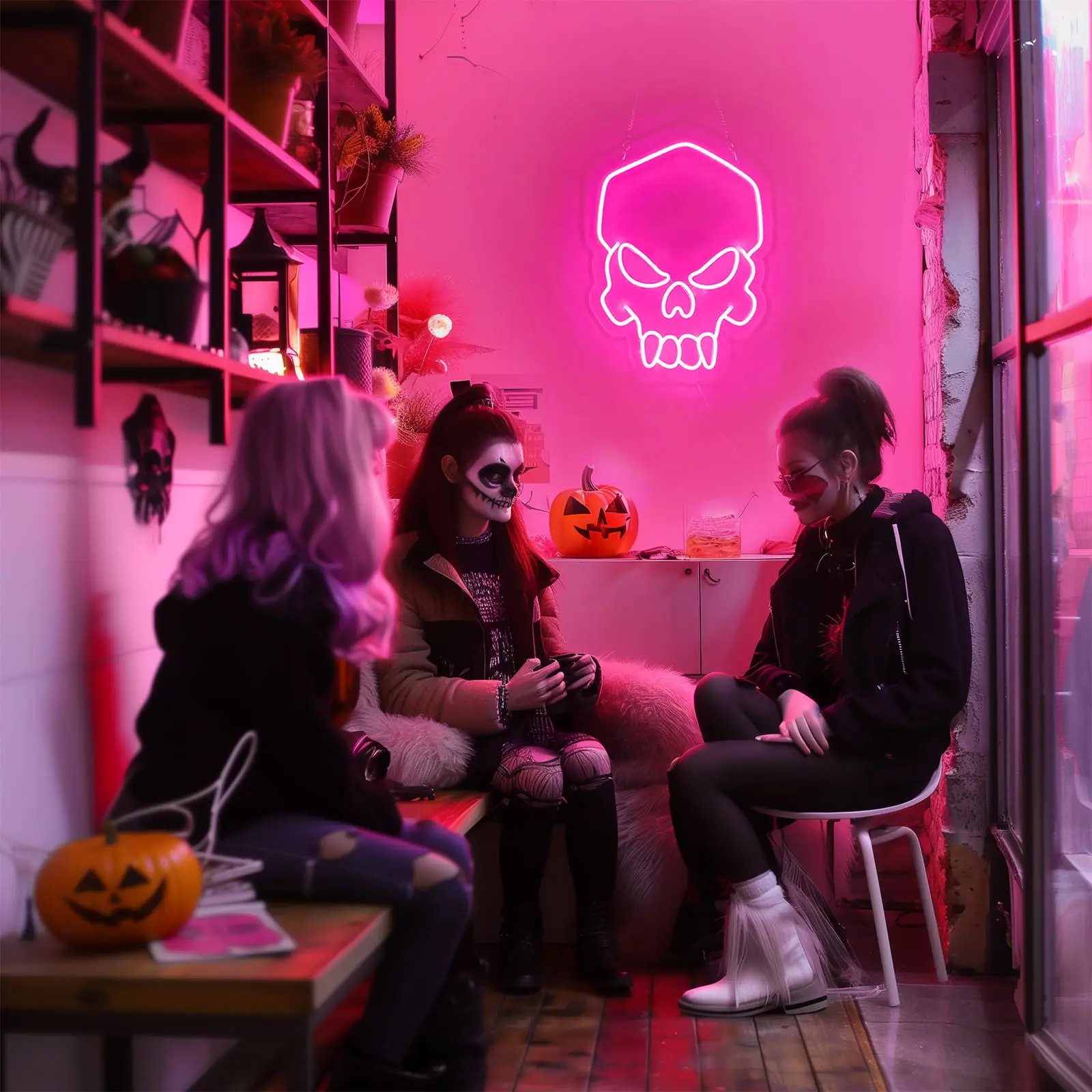 Luce al neon rosa con teschio da ragazza - LED USB dimmerabile |   Simpatica decorazione spaventosa di Halloween per la cameretta delle ragazze |   Luci notturne moderne da parete con teschio