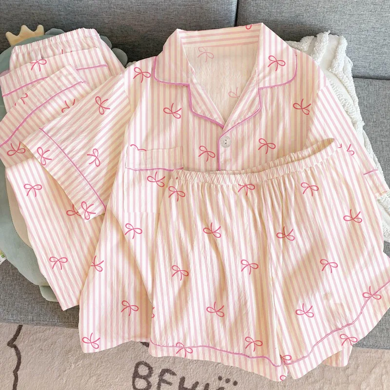 الربيع/الخريف الفتيات الحلو مخطط الكورية نمط القوس طباعة كريب منامة قصيرة الأكمام ثلاث قطع مجموعة لملابس المنزل السيدات الشابات