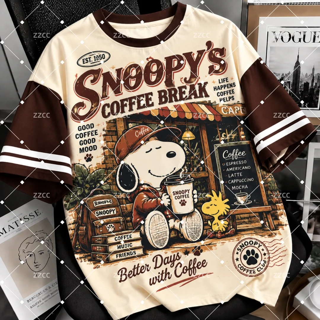 Vintage Snoopy Coffee Break Graphic T Shirt Unisex Contrast Brown Stripe Sleeve Baseball Tee Cafe Retro Casual Streetwear Tops
