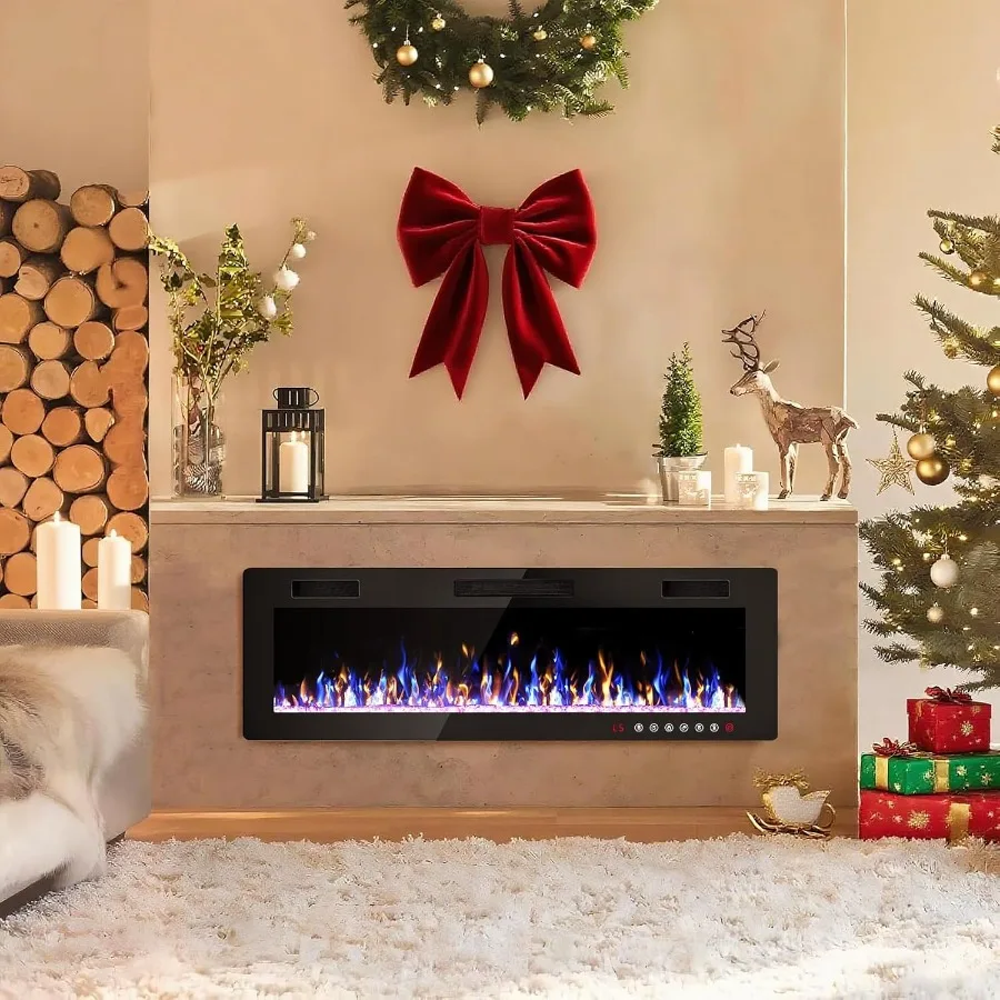 مدفأة كهربائية 50 بوصة، أماكن حريق رفيعة للغاية، مدفأة كهربائية، مثبتة على الحائط مع جهاز تحكم عن بعد #6