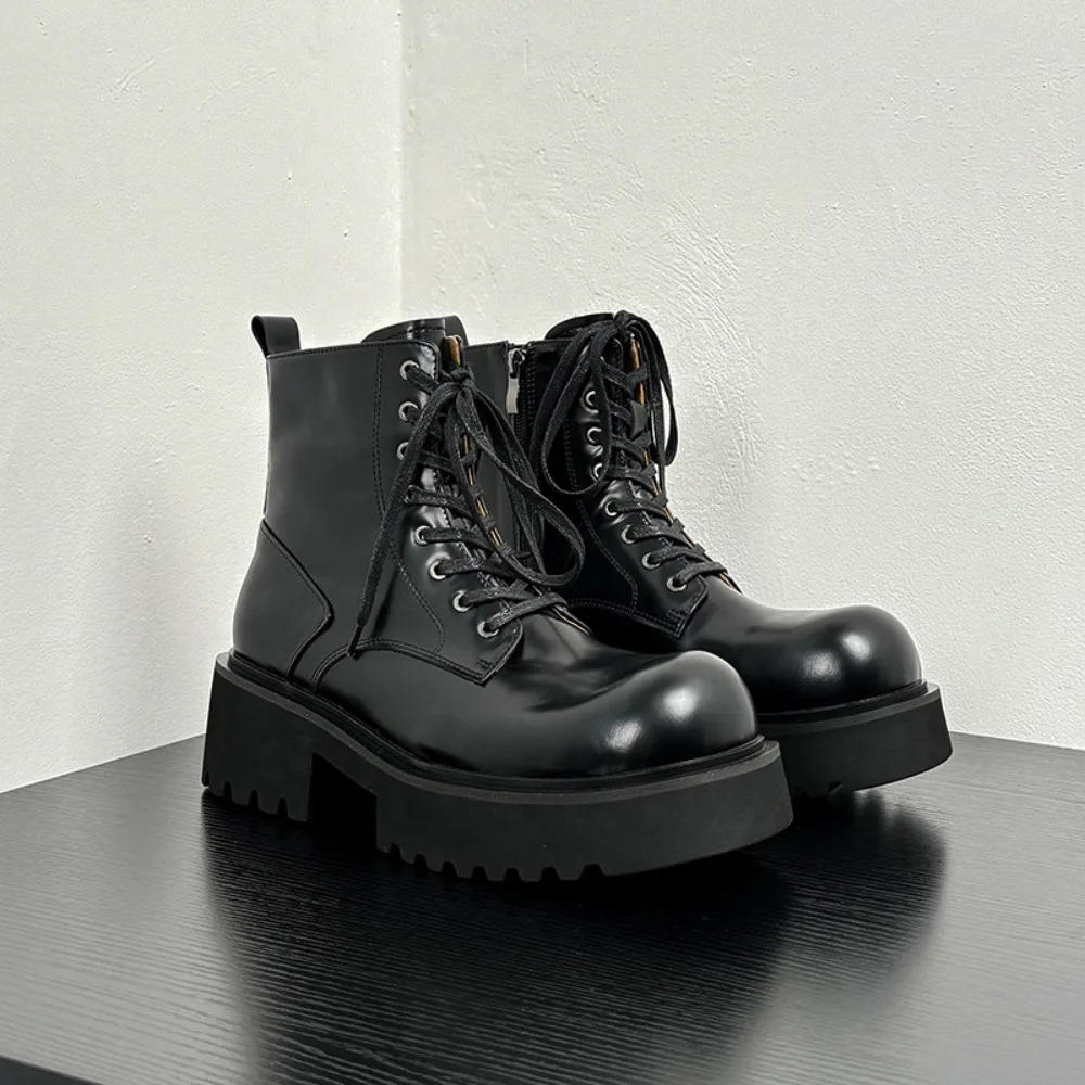 Men's Motorcycle Boots British Style Round Head High Top Shoes Casual Platform Boots Genuine Leather Thick-soled Short Boots