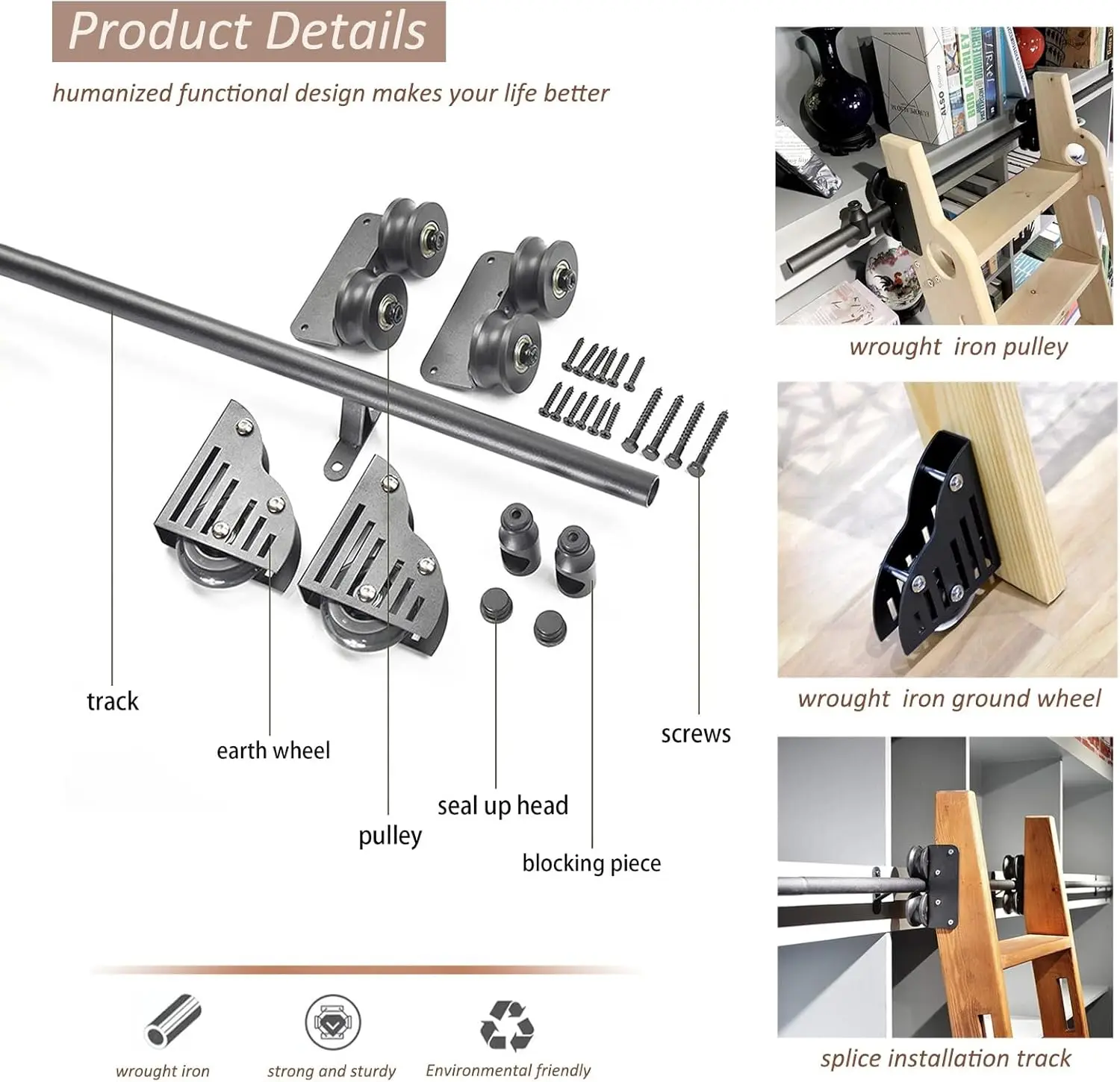 Sliding Barn Door Kit, Complete Set Of Hardware For Heavy Duty Rolling Track(No Ladder) Library Sliding Ladder Extension Rail,