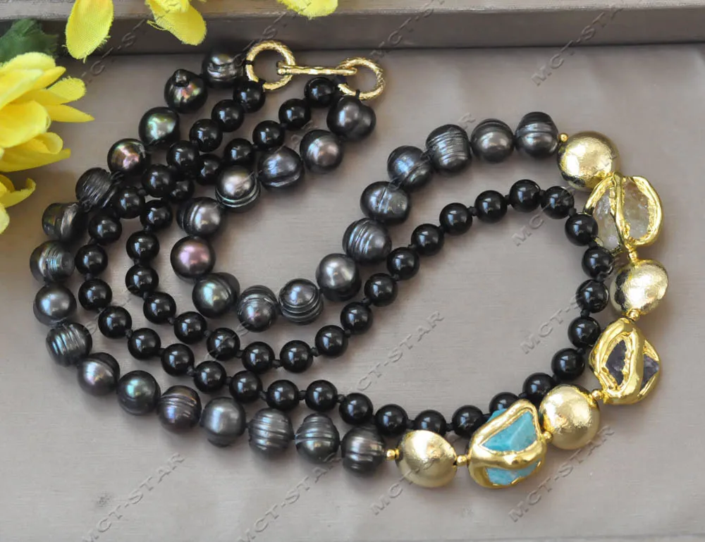 

MTC·STAR Z13076 2Row 19'' 18mm Black Round Pearl Agate Gold plated Crystal Necklace