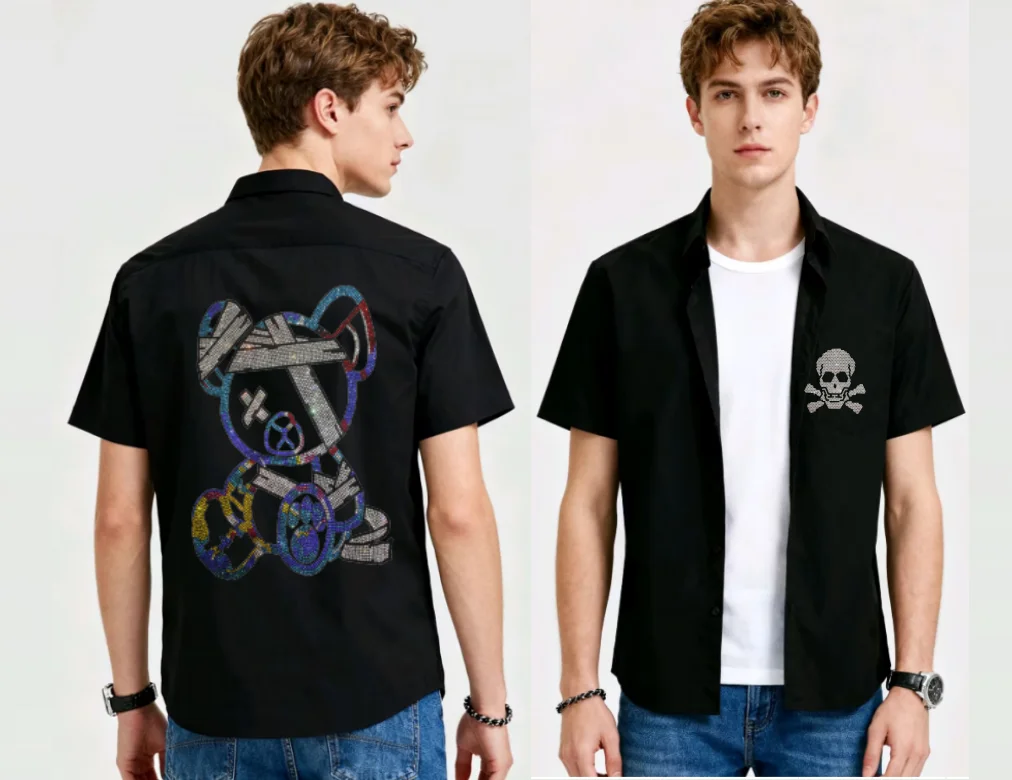 

Мужская красивая рубашка с коротким рукавом с рисунком черепа, стразами и приталенным кроем, отлично подходит для летней повседневной одежды, праздничные рубашки для путешествий