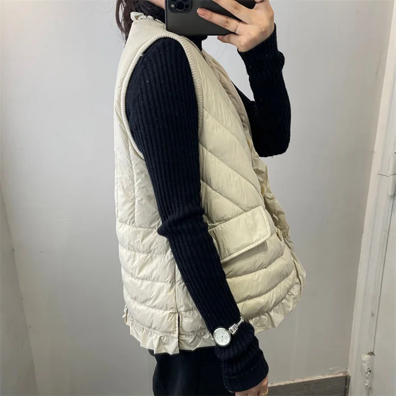 Winter Women V Neck Ruffles Bigsize Waistcoat Jacket Light Thin White Duck Down Vest Parkas Lady Sleeveless Short Warm Tank Coat