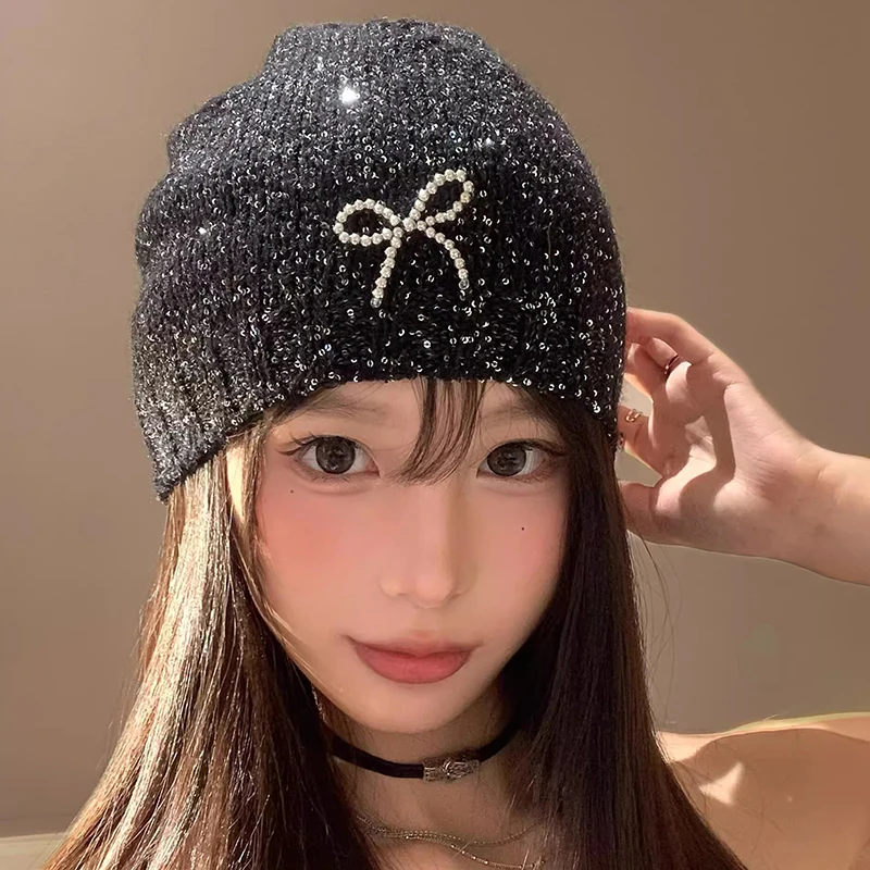 Korean Shiny Cold Cool Street Knitted Hat Autumn Winter Sequined Bow Beanies Caps Girl Glitter 2024 Fashion Bag Head Beanie Hats