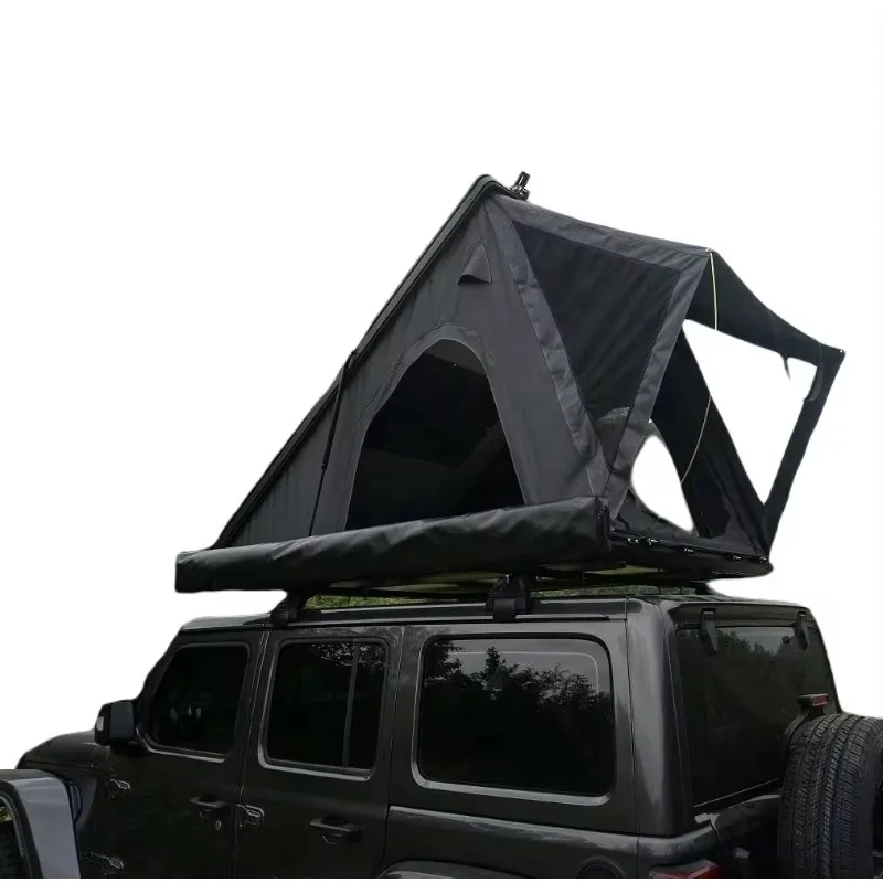 

Remaco Camping Aluminum 4 Person Top Roof Tent, Triangle Car Rooftop Clamshell Black Gray Hard Shell