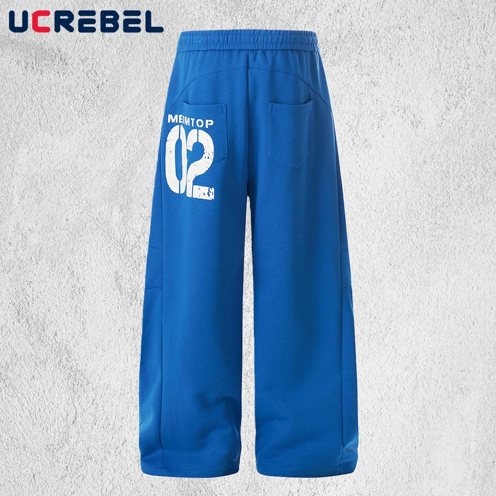 

Letter Print Spliced Sweatpants Mens Retro High Street Elastic Waist Baggy Straight Wide Leg Sports Trousers Man