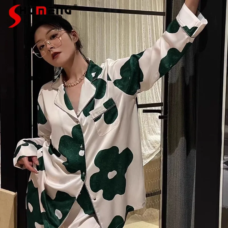 

High End Wearable Ice Silk Homewear for Women Spring Autumn Long Sleeve Silk Underwear Lady Simple Loose Long Pants Pajama Set