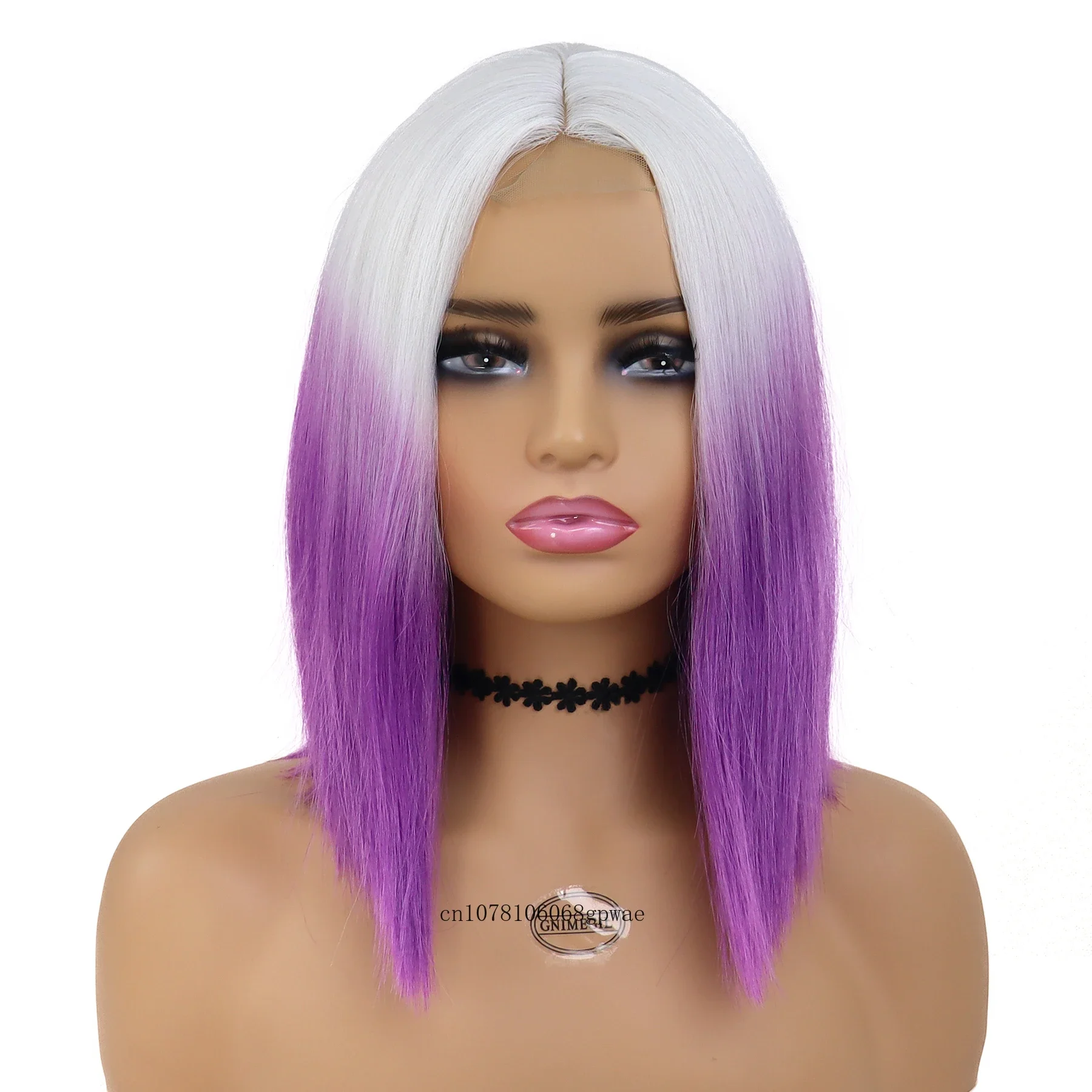 Lace Front Ombre Purple Synthetic Wigs for Women Short Bob Wig with White Roots Carnival Cosplay Halloween Party Heat Resistant