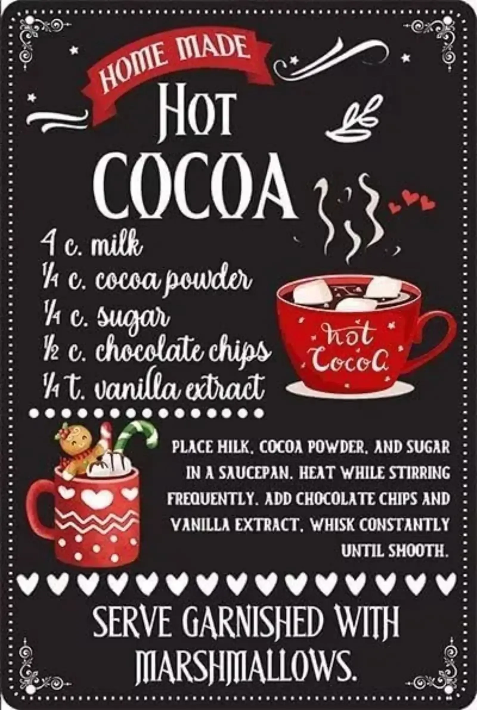 Escultura de pared de metal vintage 2D "Receta de cacao caliente casera" 20x30cm | Tema navideño retro, regalo de Halloween y Navidad, decoración de cocina