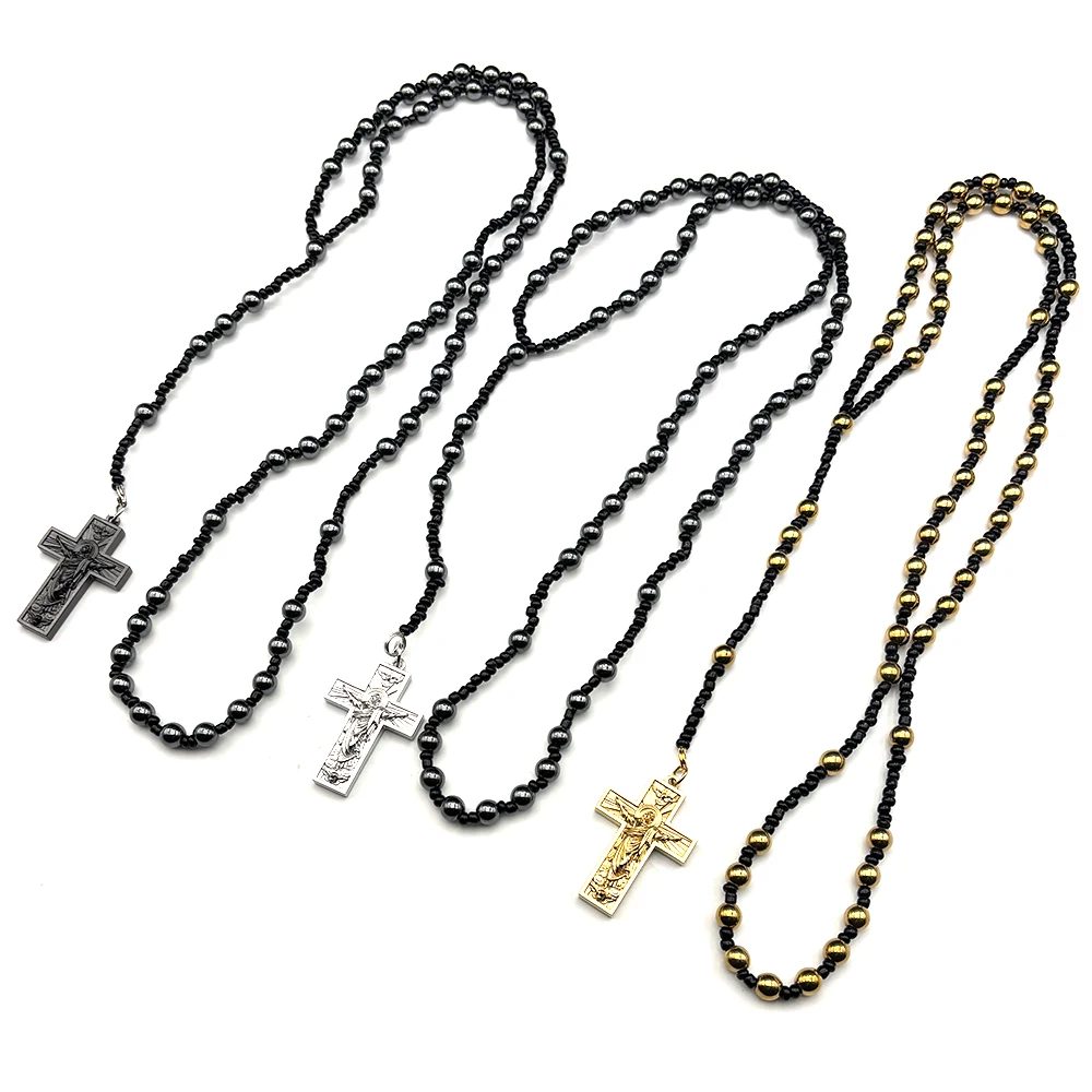 

Jesus Crucifix Cross Pendant Necklace for Women Men Stainless Steel Gold Color Hematite Beads Rosary Chain Amulet Jewelry Gift