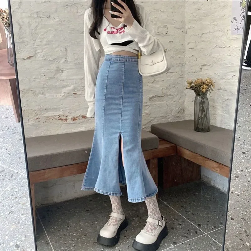 Jeans röcke für Frauen mit Schlitz Gyaru Frau Jeans rock hohe Taille blau Midi Premium Trend Harajuku Casual Qualität eine Linie