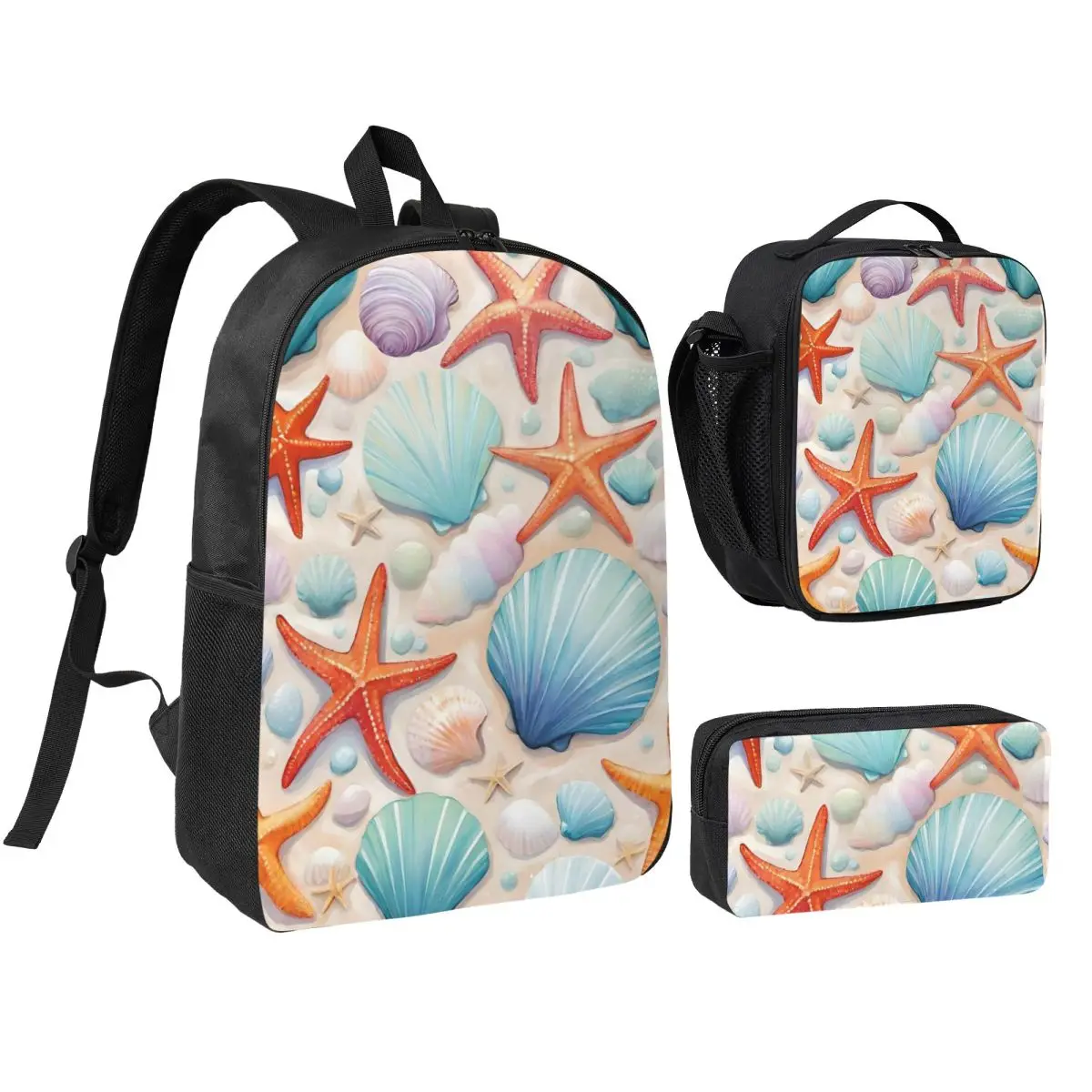 Colorful Watercolor Shell Pattern Backpack Boys Girls BookBag School Bag Shoulder Bags 3ps Insulated Lunch Bag Pencil Case