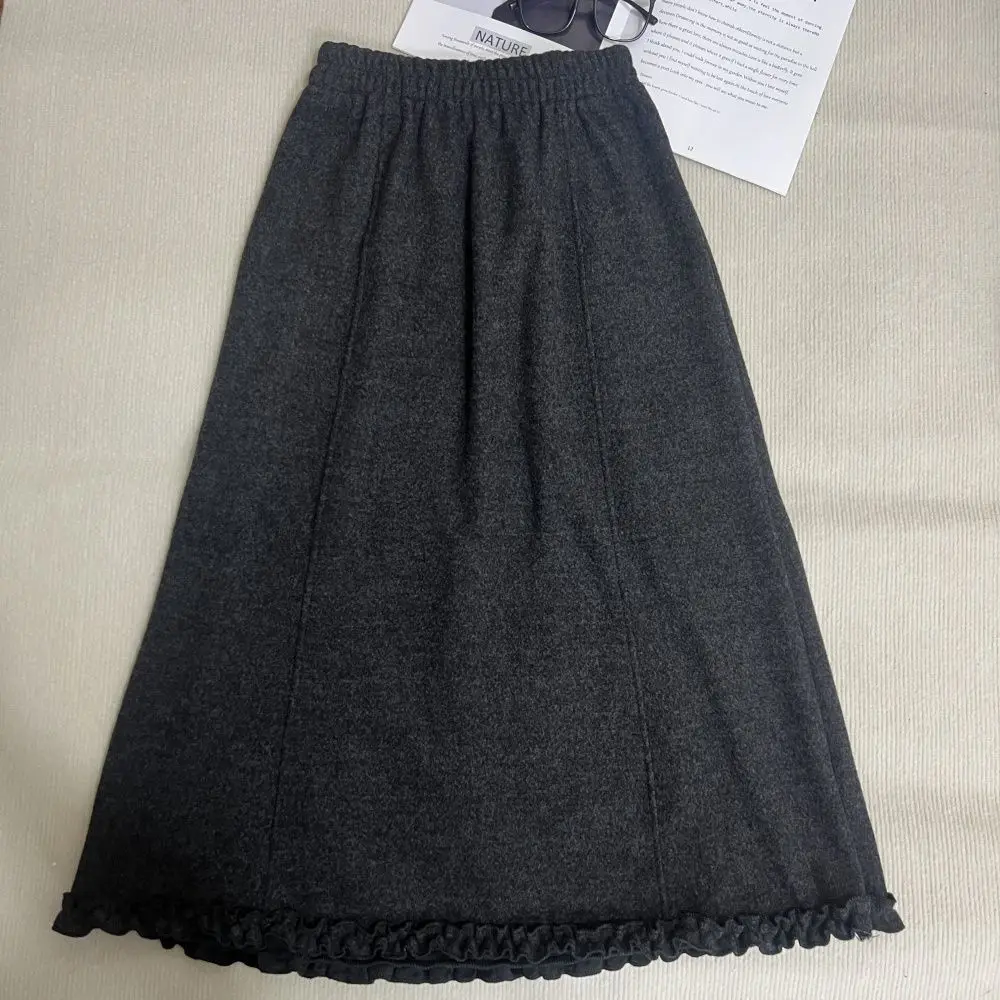 

2025 Autumn Winter New Ruffled Woolen Midi Skirt High Waist Slimming Mid-Length Puff Skirt