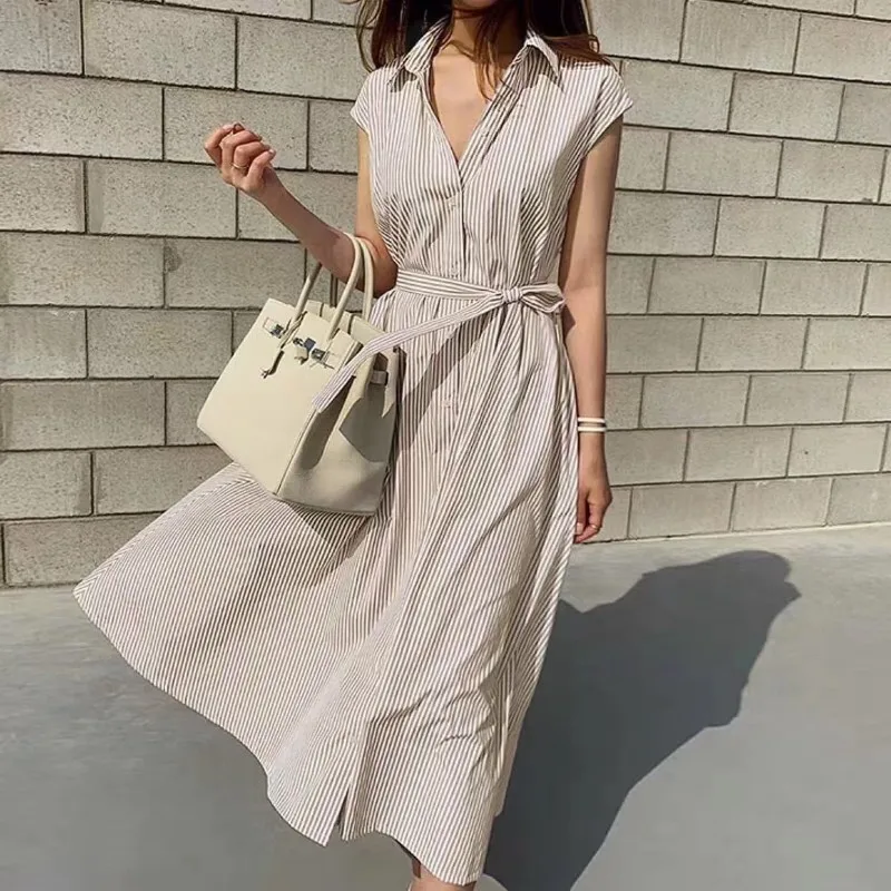 

New Women Striped Short Sleeve Shirt Dress Spring Summer Korean Lace Up Elegant Long Dresses French Elegant Office Robe Платье