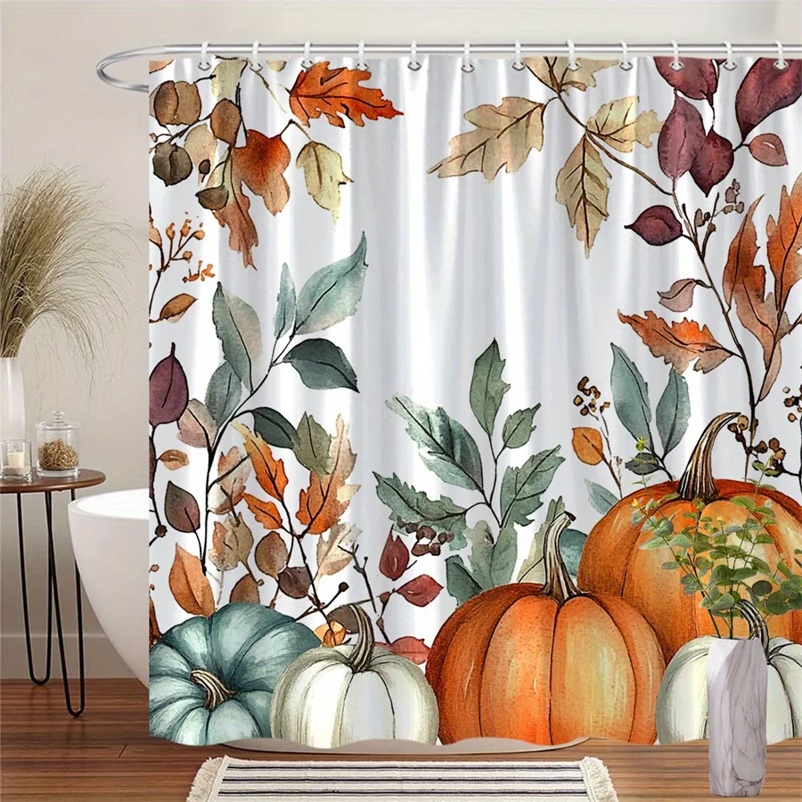 

1pc Autumn Pumpkin Watercolor Shower Curtain - Polyester Fabric, Machine Washable, With Hook, Suitable for Bathroom Decoration