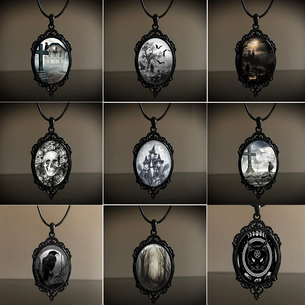 Gothic Crow Black Forest Charm Necklace Fashion Witch Jewelry Gift Pagan Cross Black Cat Skull Glass Pendant Necklace Goth Fox