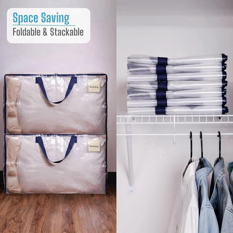 أكياس متحركة شفافة جديدة شديدة التحمل - 4 عبوات من أكياس تخزين سعة 90 لتر مع مقابض قوية وسحاب ومقاومة للماء وشبه شفافة