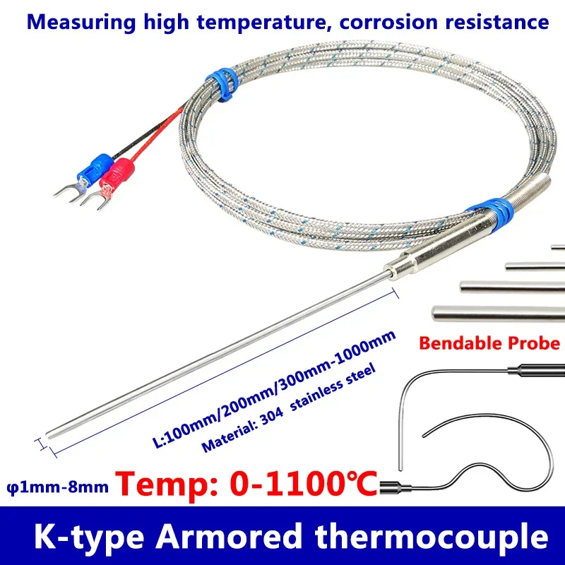 

K type armored thermocouple sensor flexible stainless steel probe high temperature industrial thermocouple 0‑1100°C WRNK‑191