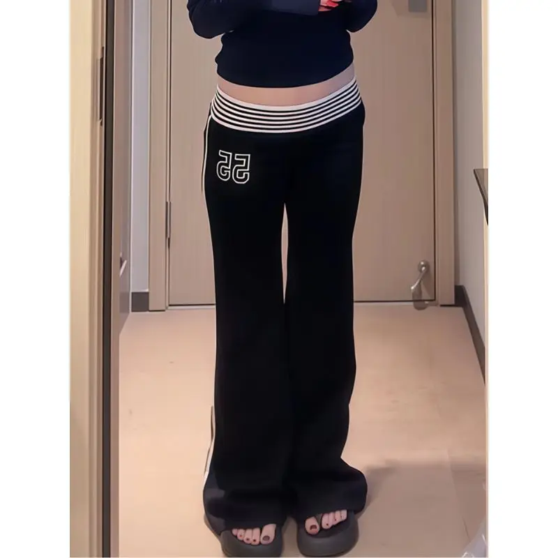 Low Waist American Retro Letter Print Striped Color Block Casual Pants Women Sexy Sporty Versatile Slimming Bell Bottoms