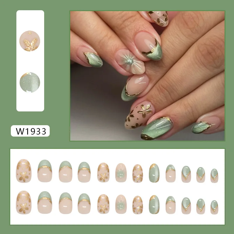 

24pcs Jelly Cat Eye Press-On Nails - Green Grape Base With 3D Gilded Florals Short Almond Shape (Multi Sizes)