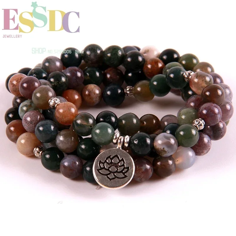 Hot Sale Natural Stone Hand String 108 Mala 8mm India Onyx Bead  Lotus Pendant Women's Yoga Miditation Bracelet Dropship